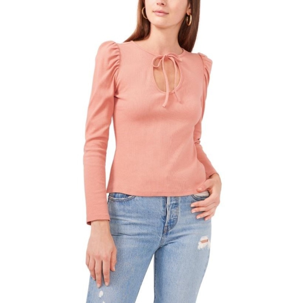 1.State Women's Long Puff Sleeve Cut Out Tie Neck Ribbed Top in Clay Rose Large
